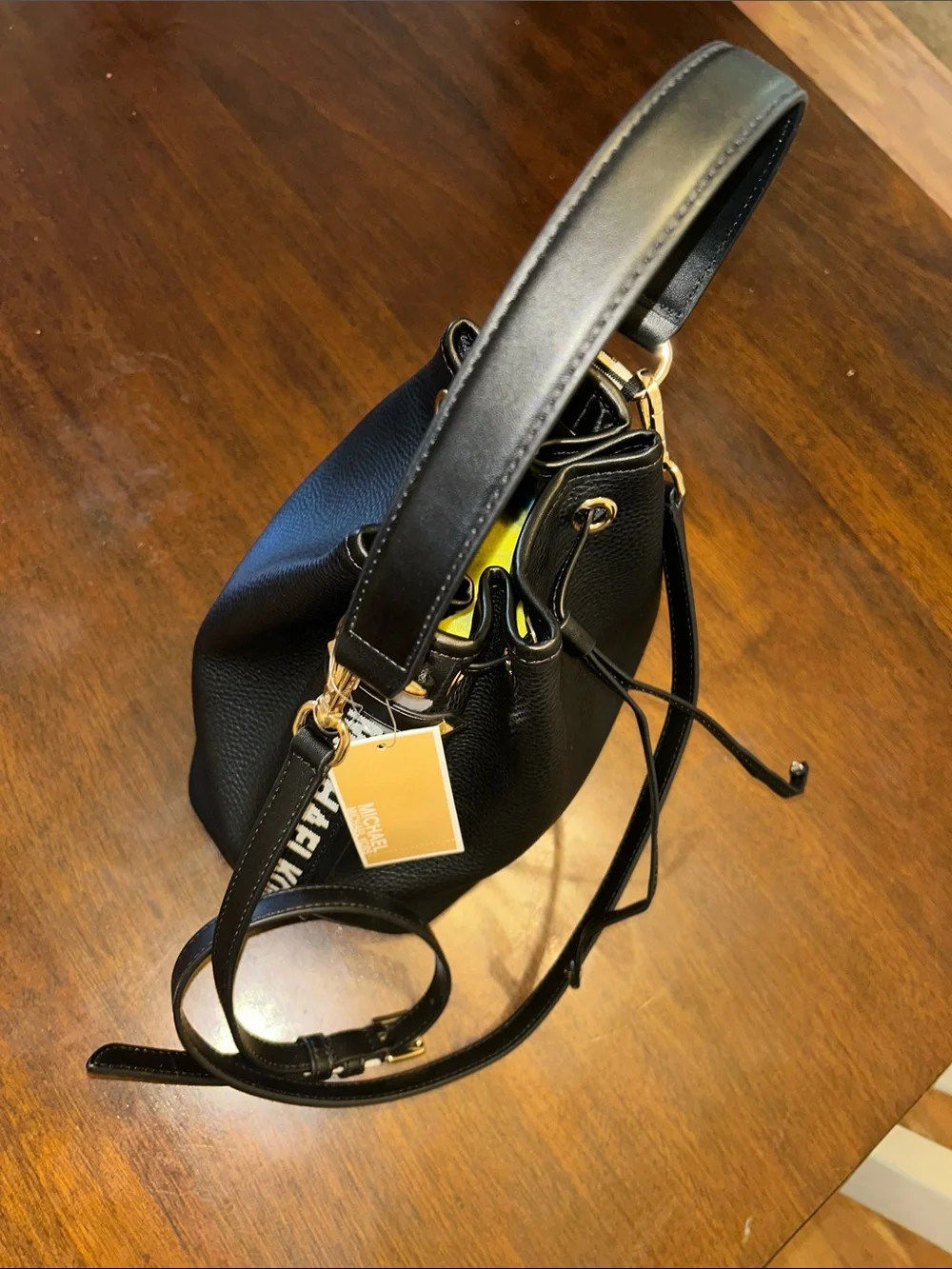 Michael Kors Black Pebbled Leather Bucket Crossbody with Gold Hardware